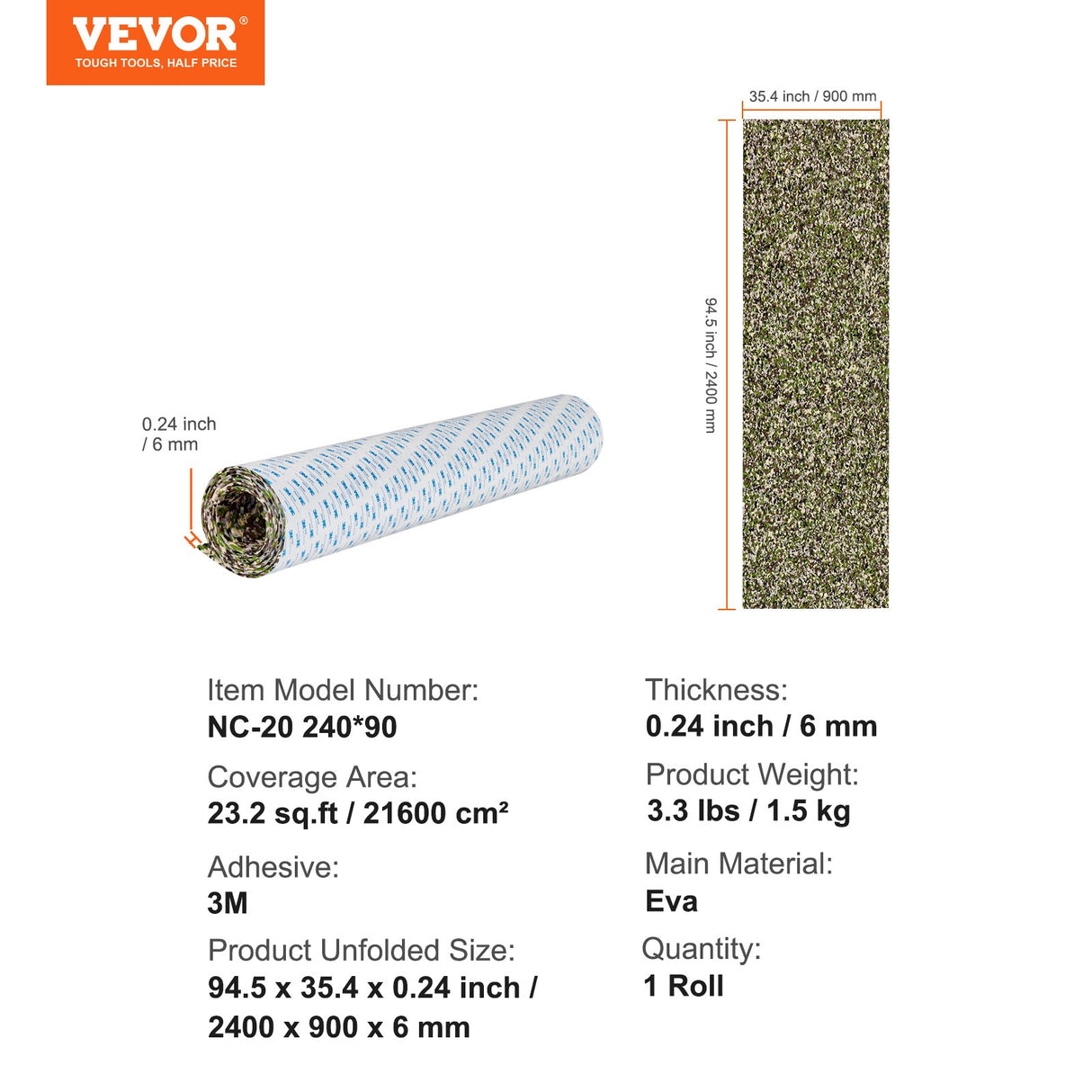 VEVOR EVA Boat Decking: 94.5" × 35.4" (2400 × 899 mm), 6 mm Self-Adhesive Non-Slip Marine Flooring  23.2 sq.ft (2.16 m²)