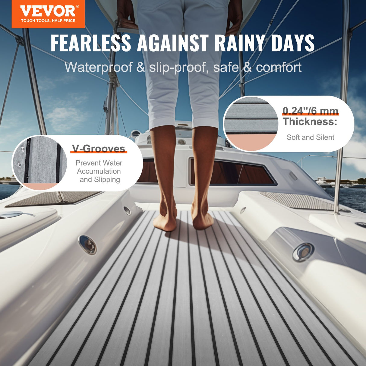 VEVOR EVA Boat Decking: 94.5" × 35.4" (2400 × 899 mm), 6 mm Self-Adhesive Non-Slip Marine Flooring  23.2 sq.ft (2.16 m²)