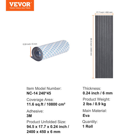 VEVOR EVA Boat Decking: 94.5" Ã— 17.7" (2400 Ã— 450 mm), 6 mm Self-Adhesive Non-Slip Marine Flooring 11.6 sq.ft (1.08 mÂ²)