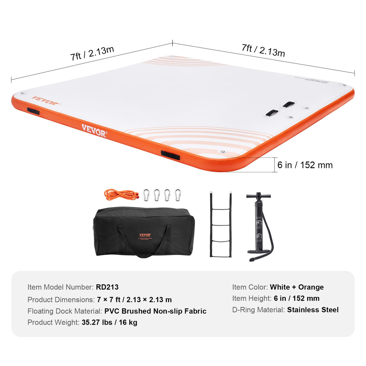 VEVOR Inflatable Floating Dock, 7 x 7FT Inflatable Dock Platform, Non-Slip Water Floating Dock Mat with Portable Carrying Bag & Detachable Ladder, Floating Platform Island Raft for Pool Beach Ocean