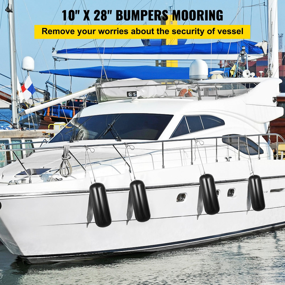VEVOR 4 Ribbed Boat Fenders 10X 28" Black Center Hole Bumpers Mooring Protection