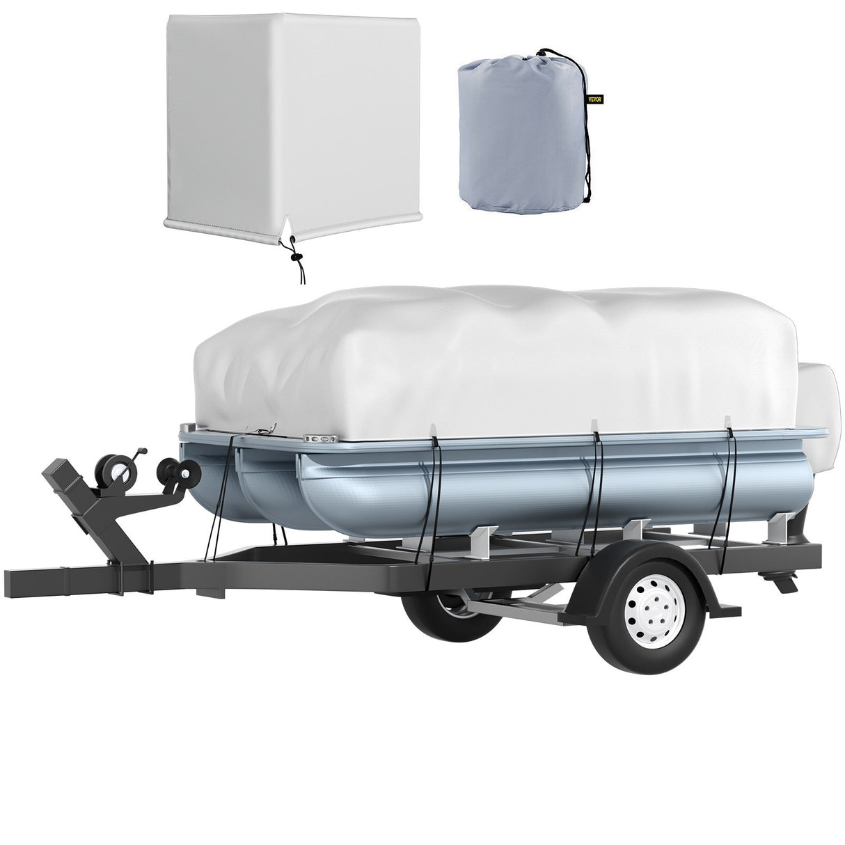 VEVOR Pontoon Boat Cover, Fit for 17'-20' Boat, Heavy Duty 600D Marine Grade Oxford Fabric, UV Resistant Waterproof Trailerable Boat Cover with 2 Support Poles and 7 Wind-Proof Straps, Gray