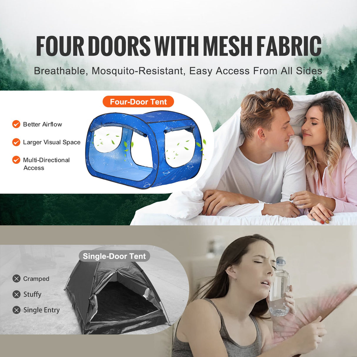 VEVOR Bed Tent, Pongee Fabric, 2 Doors Breathable Dream Tent with 8.5 mm Fiber Poles on Bed Privacy, Full Size Block out Light Sleeping Bed Canopy, Fit for Kids Playhouse and Adults Sleeping Tent