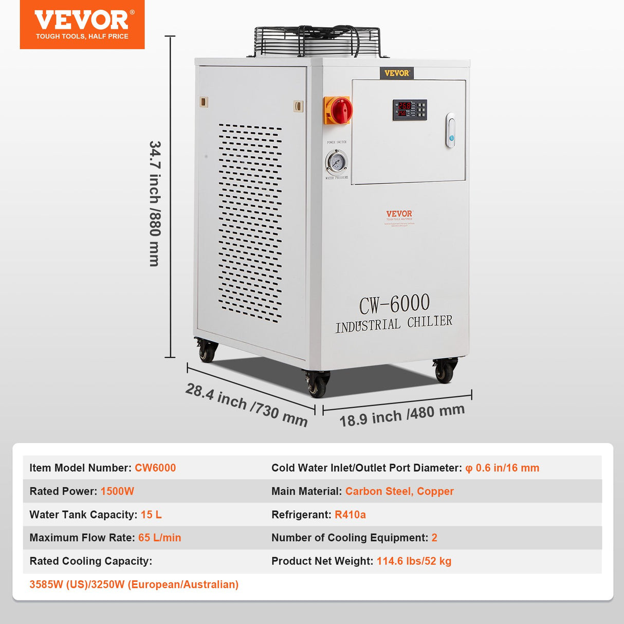 VEVOR Industrial Water Chiller, CW6000, 1500W Industrial Water Cooler Cooling System with Compressor 15L Water Tank Capacity 65 L/min Max Flow Rate, for CO2 Laser Engraving Machine Cooling Machine