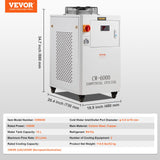 VEVOR Industrial Water Chiller, CW6000, 1500W Industrial Water Cooler Cooling System with Compressor 15L Water Tank Capacity 65 L/min Max Flow Rate, for CO2 Laser Engraving Machine Cooling Machine