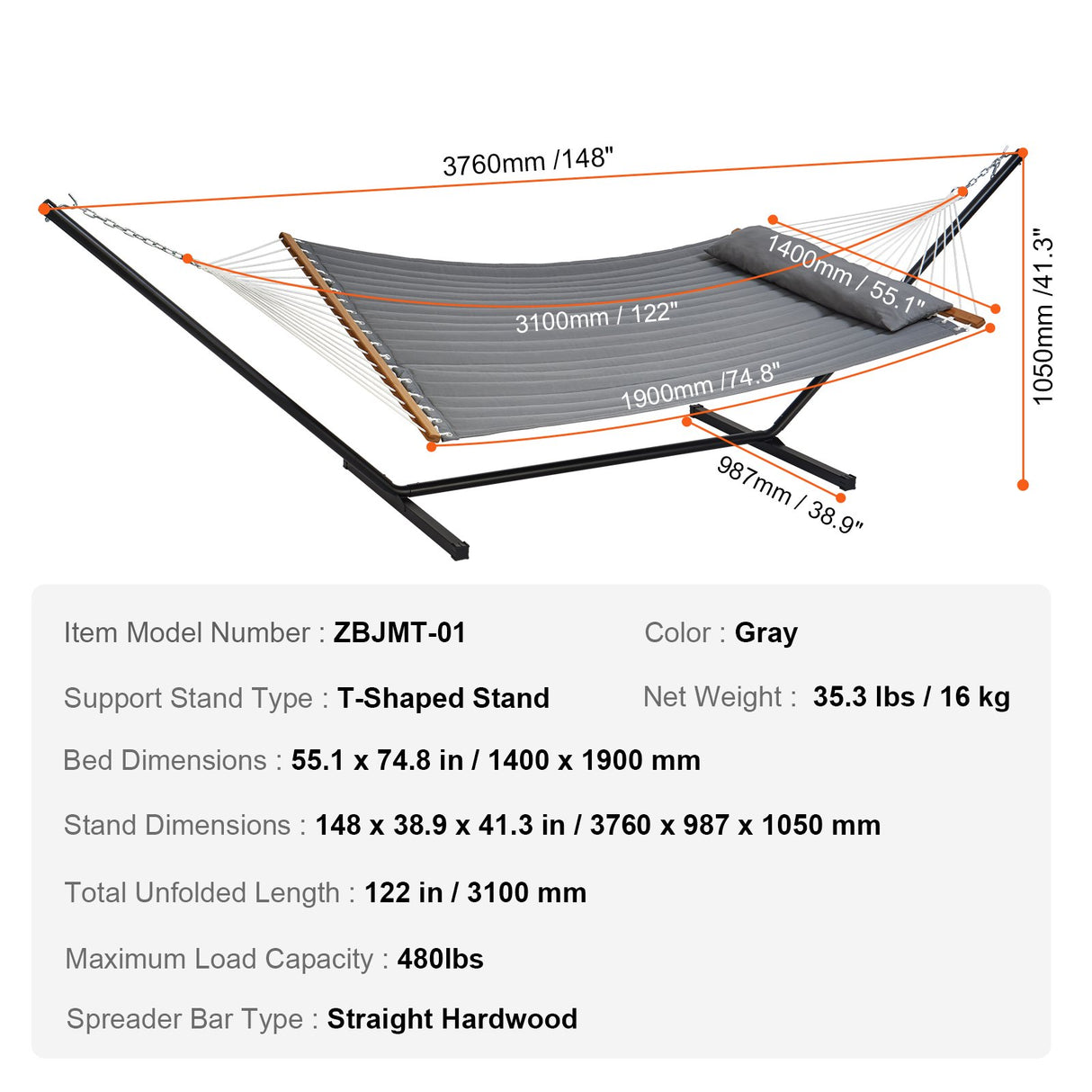 Double Quilted Fabric Hammock | Two Person | Stand included