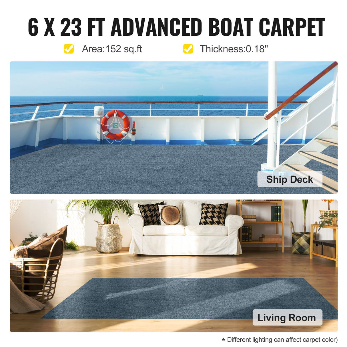 VEVOR Grey Marine Carpet: 6 ft Ã— 23 ft (1.8 Ã— 7.0 m), Marine-Grade Indoor/Outdoor Carpet with Waterproof TPR Backing, Non-Slip, Easy-Cut, Easy-Clean Carpet Roll