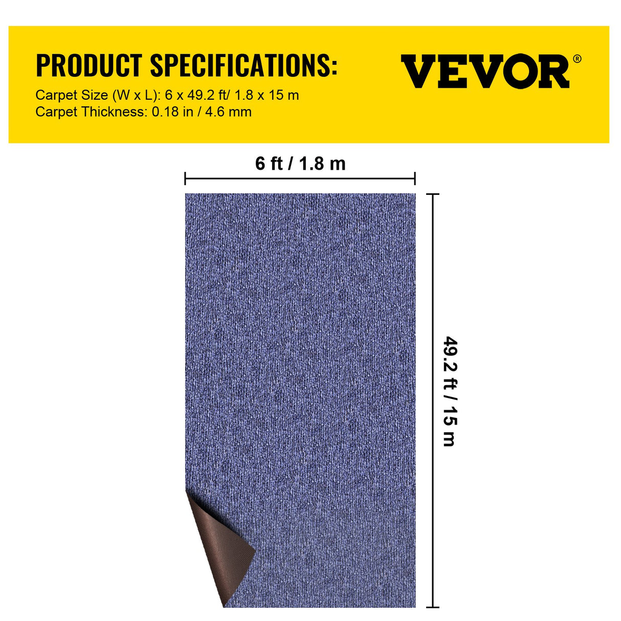VEVOR Deep Blue Marine Carpet – 6 ft × 49.2 ft (1.83 × 15.00 m), marine-grade outdoor runner with waterproof TPR backing, non-slip, UV & mould-resistant.