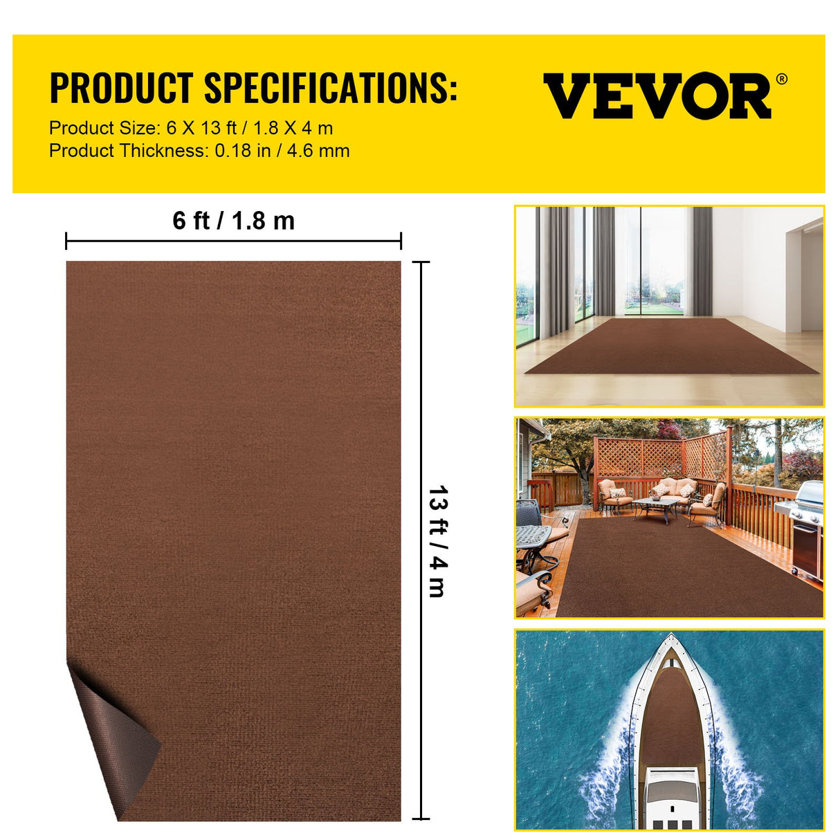 VEVOR Deep Brown Marine Carpet – 6 ft × 13 ft (1.8 × 4.0 m), Marine-Grade Indoor/Outdoor Carpet with Waterproof TPR Backing, Non-Slip, UV & Mould-Resistant