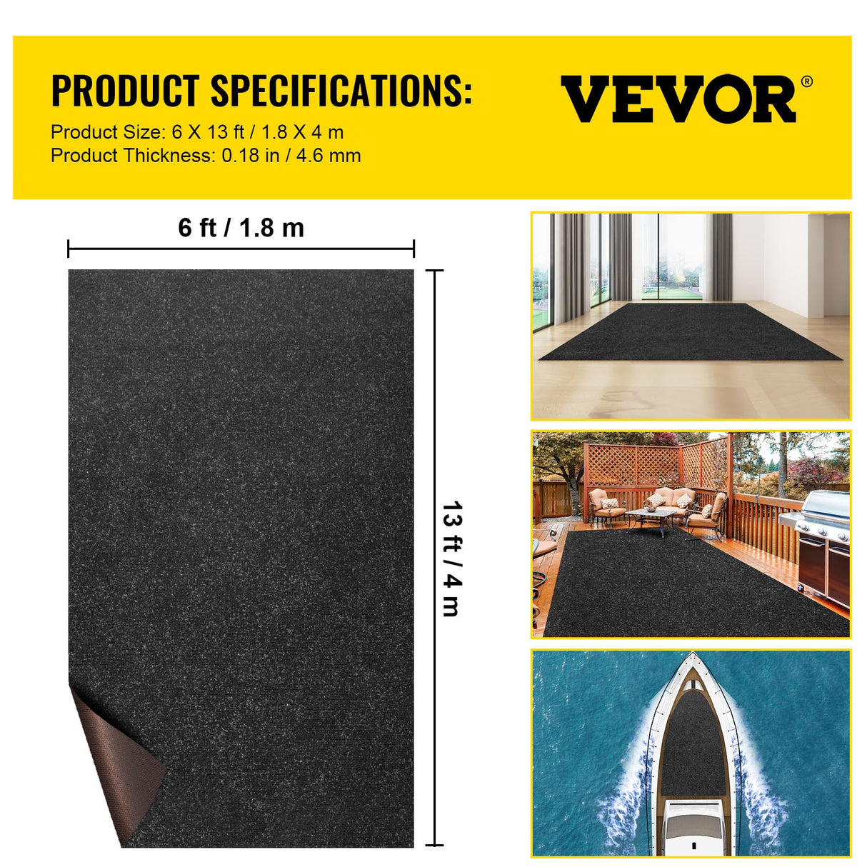 VEVOR Charcoal Black Marine Carpet – 6 ft × 13 ft, indoor/outdoor marine-grade carpet.