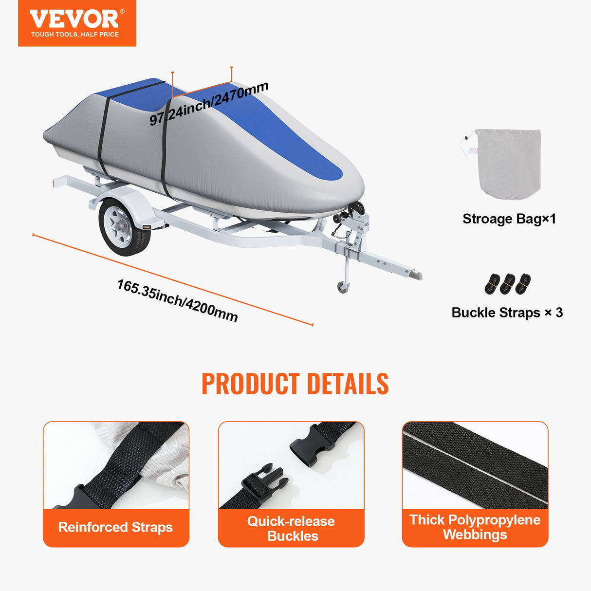 VEVOR Jet Ski Cover 320-342 cm Trailerable Waterproof PWC Cover, Heavy-duty 600D Marine Grade PU Oxford Fabric, UV Resistant Seadoo Cover with Buckle Straps, Personal Watercraft Covers, Grey+Blue