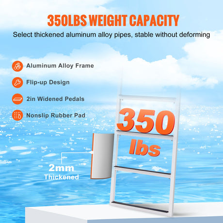 VEVOR Dock Ladder, Flip-Up 4 Steps, 159 kg Load Capacity, Aluminum Alloy Pontoon Boat Ladder with 50.8 mm Wide Step & Nonslip Rubber Mat, Easy to Install for Ship/Lake/Pool/Marine Boarding