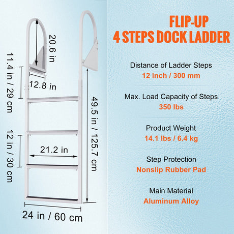 VEVOR Dock Ladder, Flip-Up 4 Steps, 159 kg Load Capacity, Aluminum Alloy Pontoon Boat Ladder with 50.8 mm Wide Step & Nonslip Rubber Mat, Easy to Install for Ship/Lake/Pool/Marine Boarding