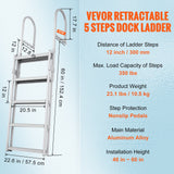 VEVOR Dock Ladder, Retractable 5 Steps, 350 lbs Load Capacity, Aluminum Alloy Pontoon Boat Ladder with 66.9''-78.9'' Adjustable Height, 4'' Wide Step & Mat, for Ship/Lake/Pool/Marine Boarding