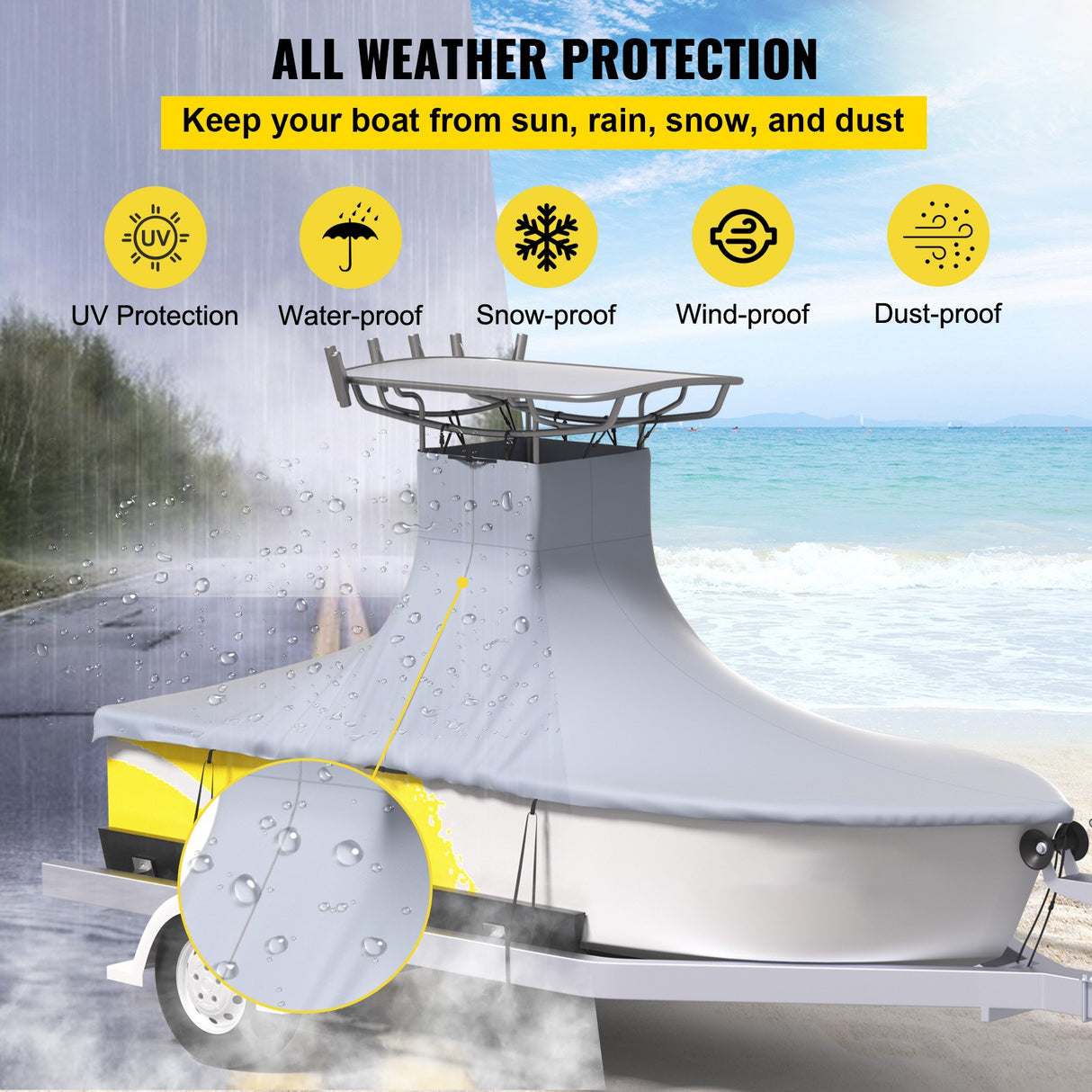 VEVOR T-Top Boat Cover, Fit for 22\'-24\' Boat, Heavy Duty 600D Marine Grade Oxford Hard Top Cover, UV Resistant Waterproof Center Console Boat Cover with 2 Support Poles and 7 Wind-Proof Straps, Gray