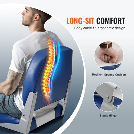 VEVOR Boat Seat, 480 mm Low Back Boat Seat, Folding Boat Chair with Thickened Sponge Padding and Hinge, Fold-Down Boat Captain Chair for Fishing Boat, Sightseeing Boat, Speedboat, Canoe, 1-Piece