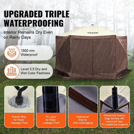 VEVOR Pop Up Gazebo Tent, Pop-Up Screen Tent 6 Sided Canopy Sun Shelter with 6 Removable Privacy Wind Cloths & Mesh Windows, 11.5x11.5FT Quick Set Screen Tent with Mosquito Netting, Brown