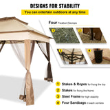 VEVOR Outdoor Canopy Gazebo Tent, Portable Canopy Shelter with 11\'x11\' Large Shade Space for Party, Backyard, Patio Lawn and Garden, 4 Sandbags, Carrying Bag and Netting Included, Brown