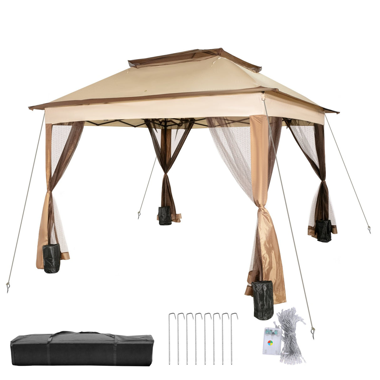 VEVOR Outdoor Canopy Gazebo Tent, Portable Canopy Shelter with 11\'x11\' Large Shade Space for Party, Backyard, Patio Lawn and Garden, 4 Sandbags, Carrying Bag and Netting Included, Brown