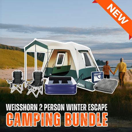 Weisshorn 2 Person Winter Escape Camping Bundle – 4P Tent, Double Sleeping Bag, Chairs, Mattress & Annex Mat